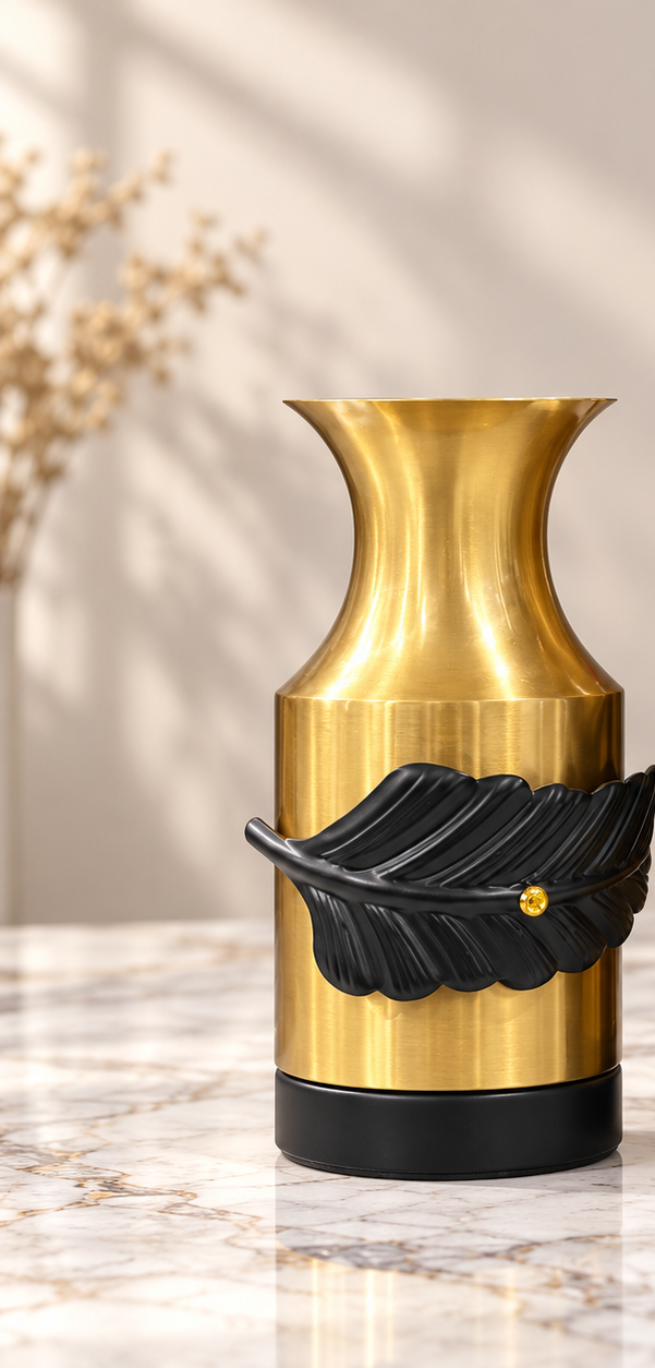 Metal Vase - Brushed Gold Bottle with Black Leaf