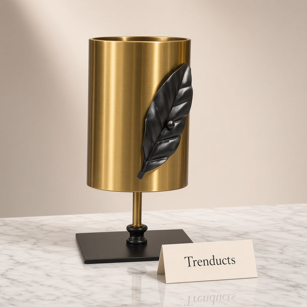 Metal Vase with Black Leaf on Stand - Gold Cylinder