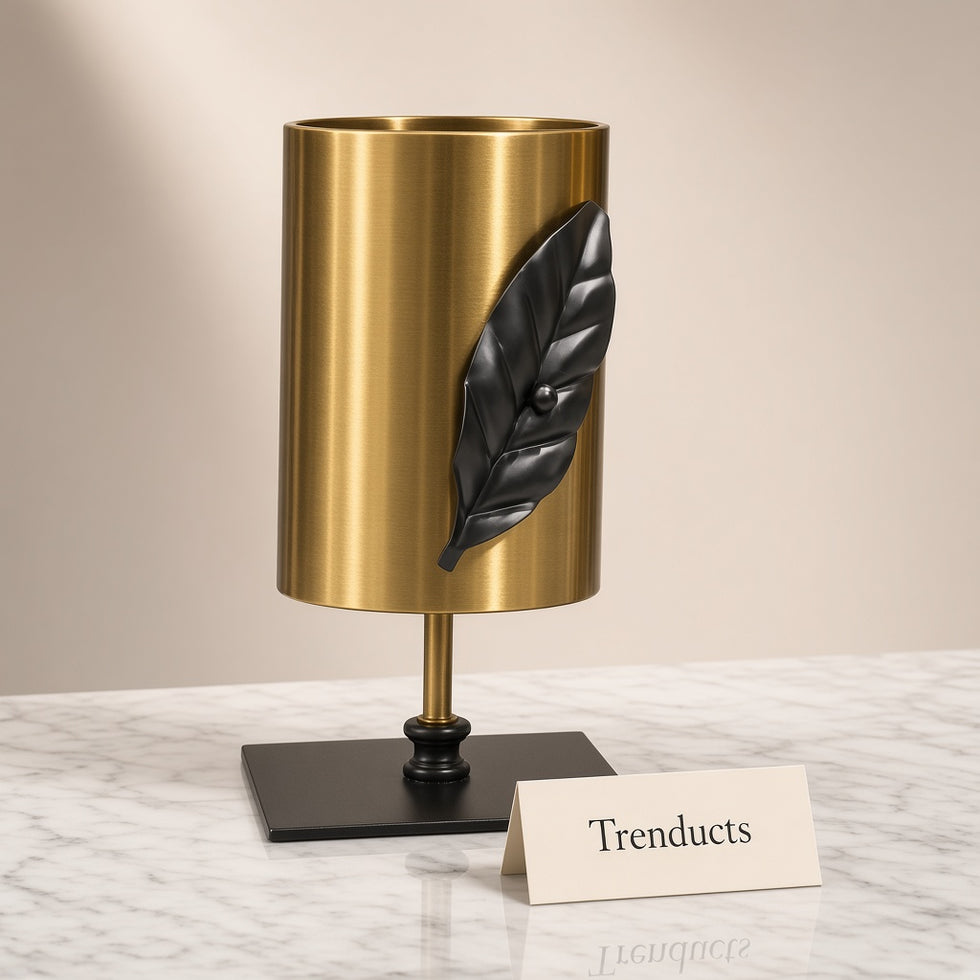 Metal Vase with Black Leaf on Stand - Gold Cylinder
