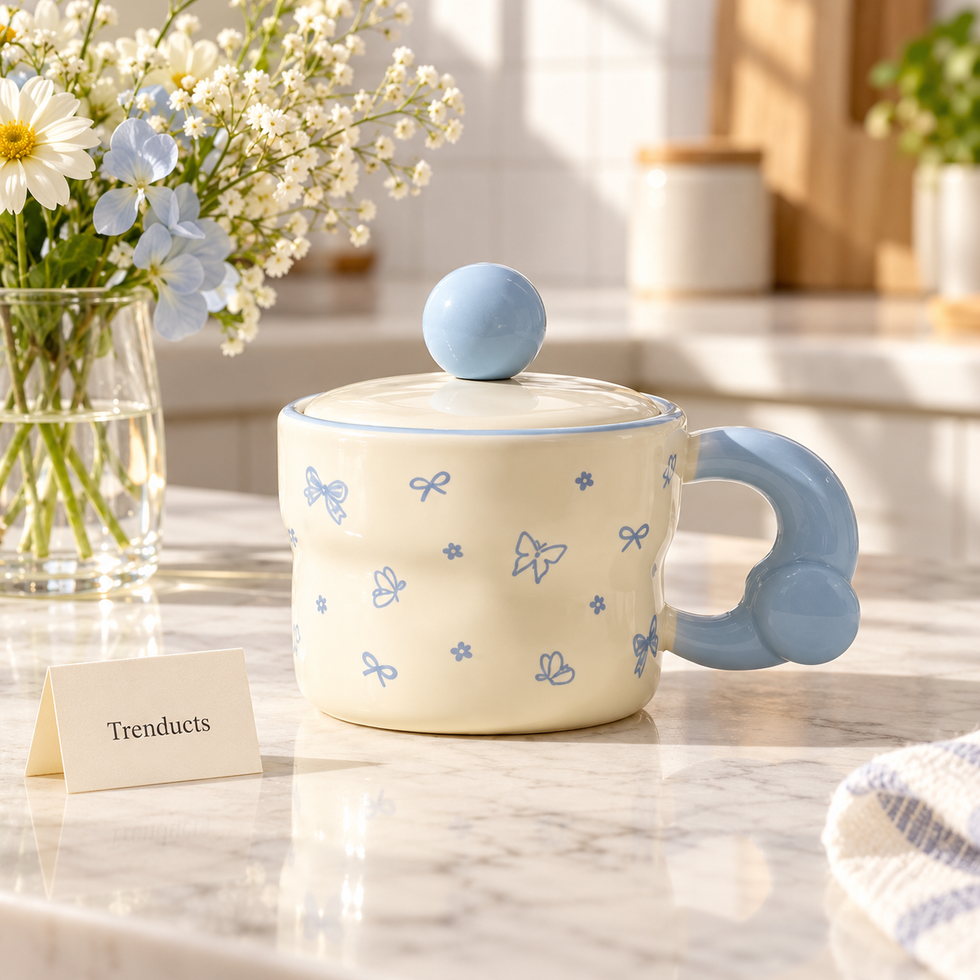 Ceramic Mug with Lid and Ball Knob - Pastel Prints