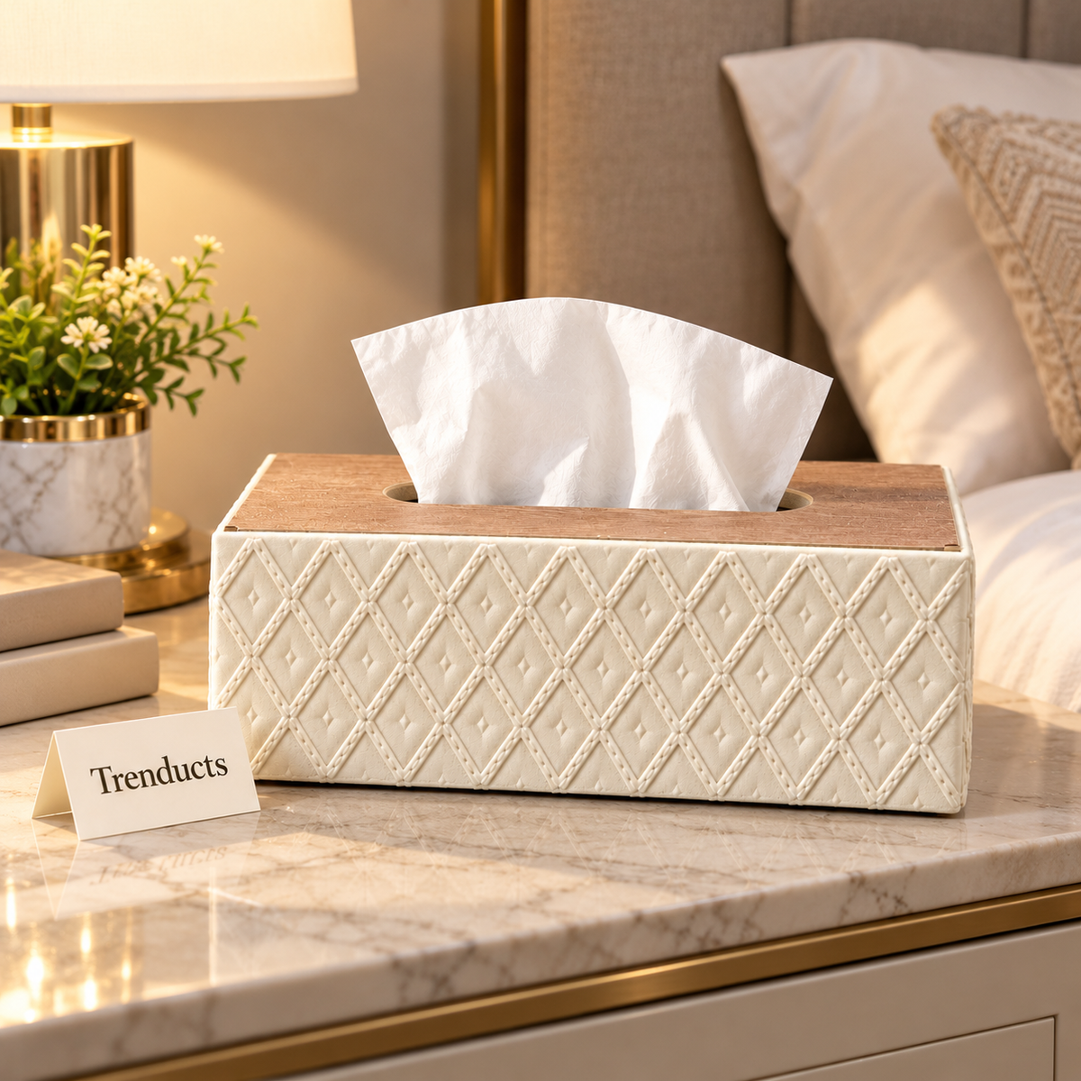 Geometric Tissue Box Cover - Diamond Texture & Wood Top