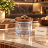 Round Acrylic Jar with Wooden Lid and Leather-Look Loop Handle