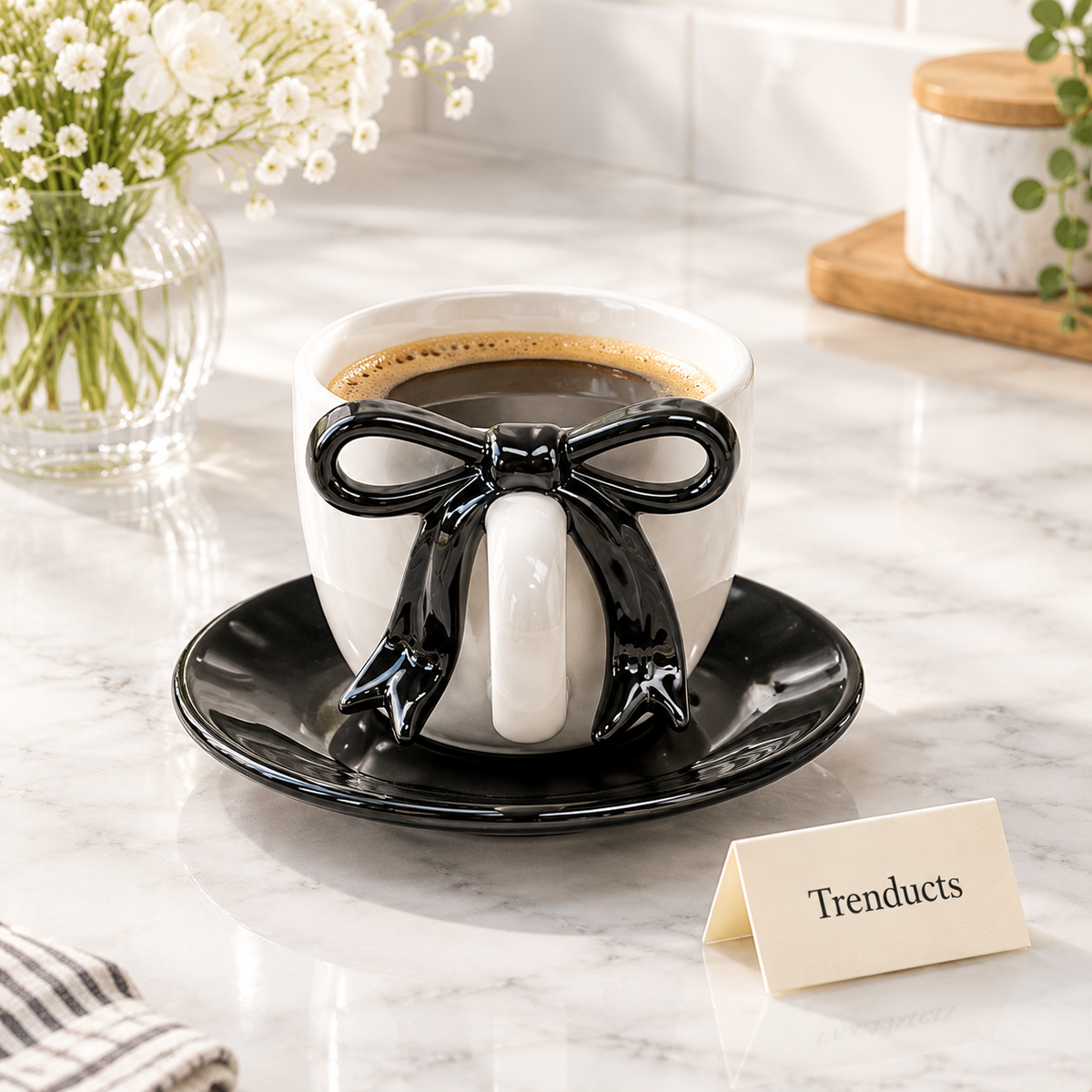 3D Bow Handle Ceramic Mug with Optional Saucer