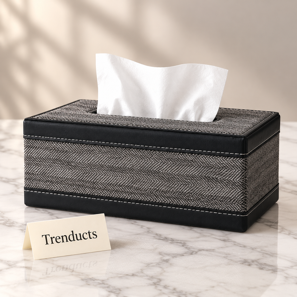 Premium Texture Tissue Box & Dustbin - Grey Herringbone