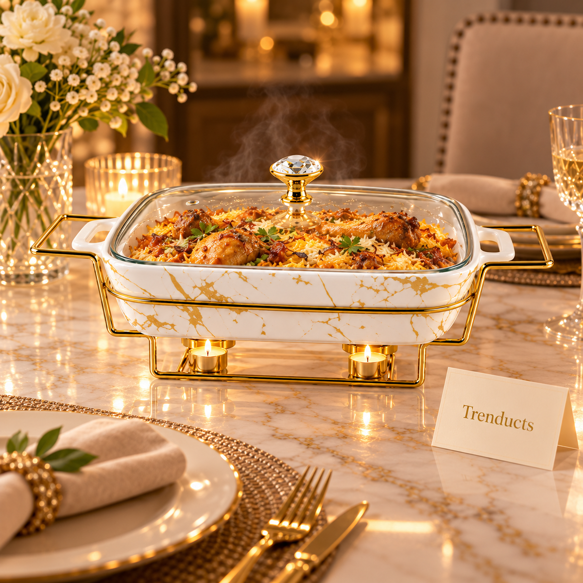 Brilliant Rectangular Marble Casserole with Gold Stand