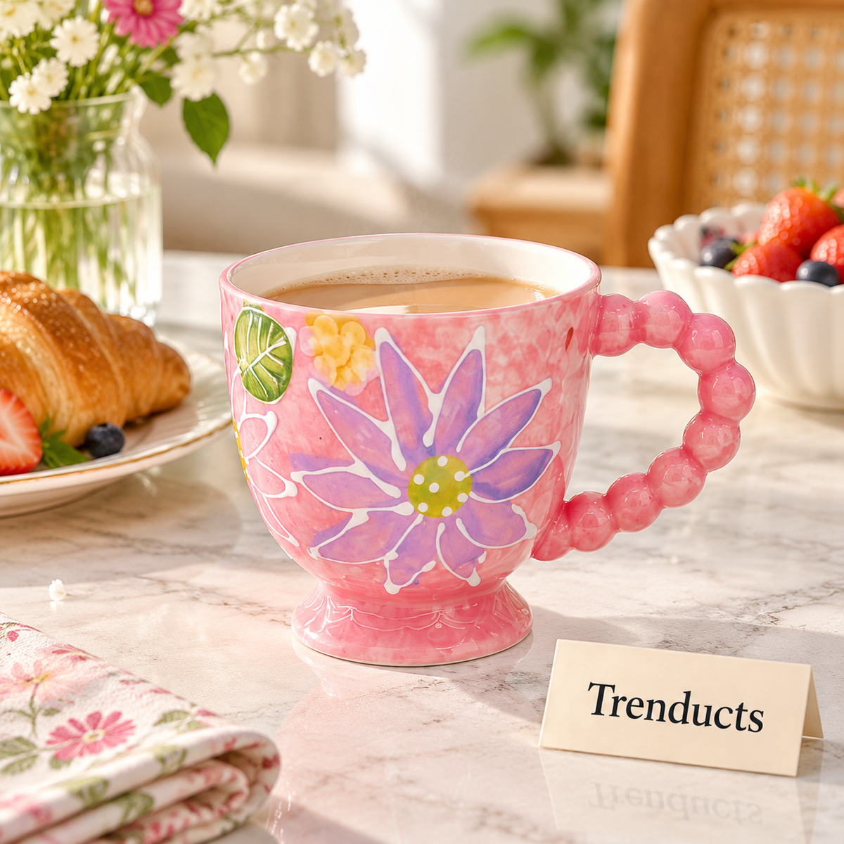 Floral Ceramic Mug with Beaded Handle - 5 Designs