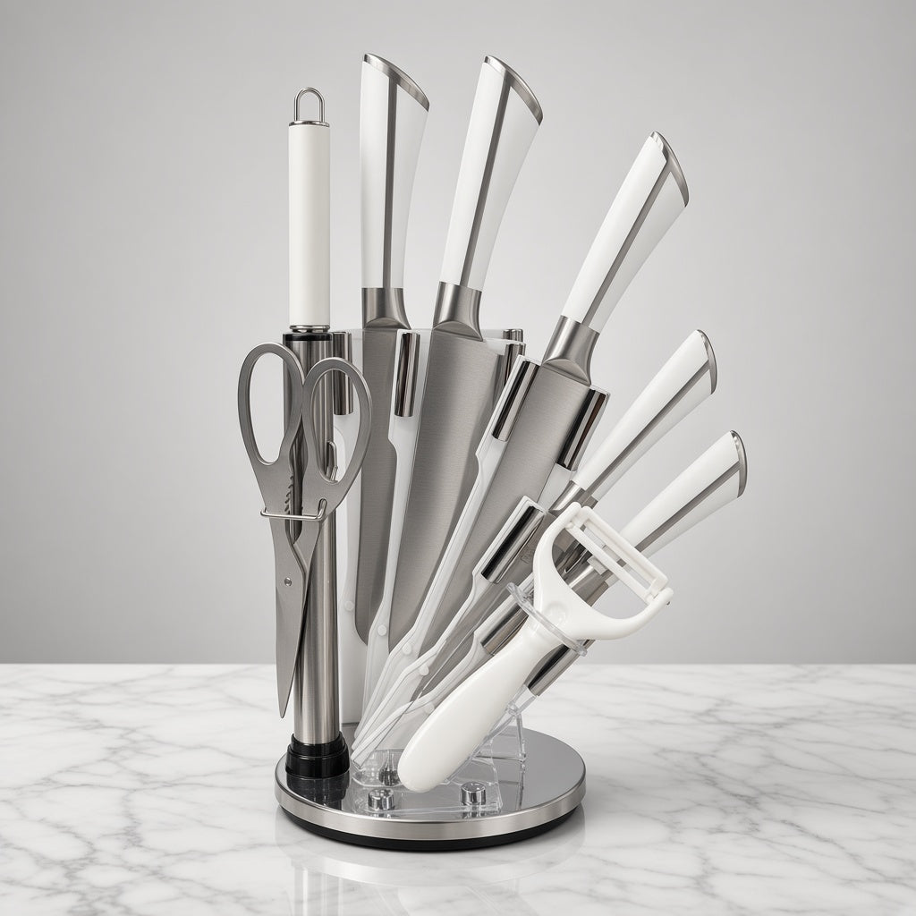 Unique Stainless Steel Knife Set with Rotating Stand