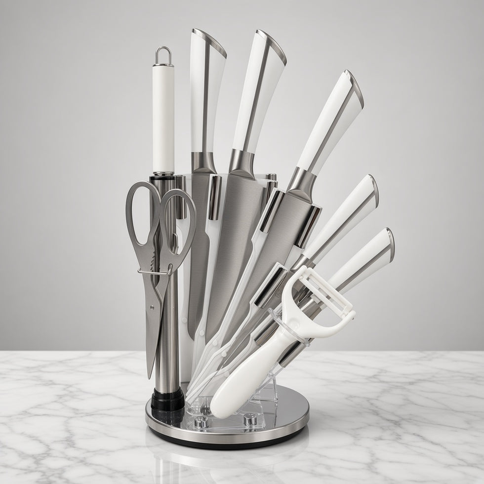 Unique Stainless Steel Knife Set with Rotating Stand