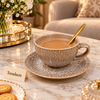 Luxury Cup and Saucer Set - Round Handle, Embossed Ceramic