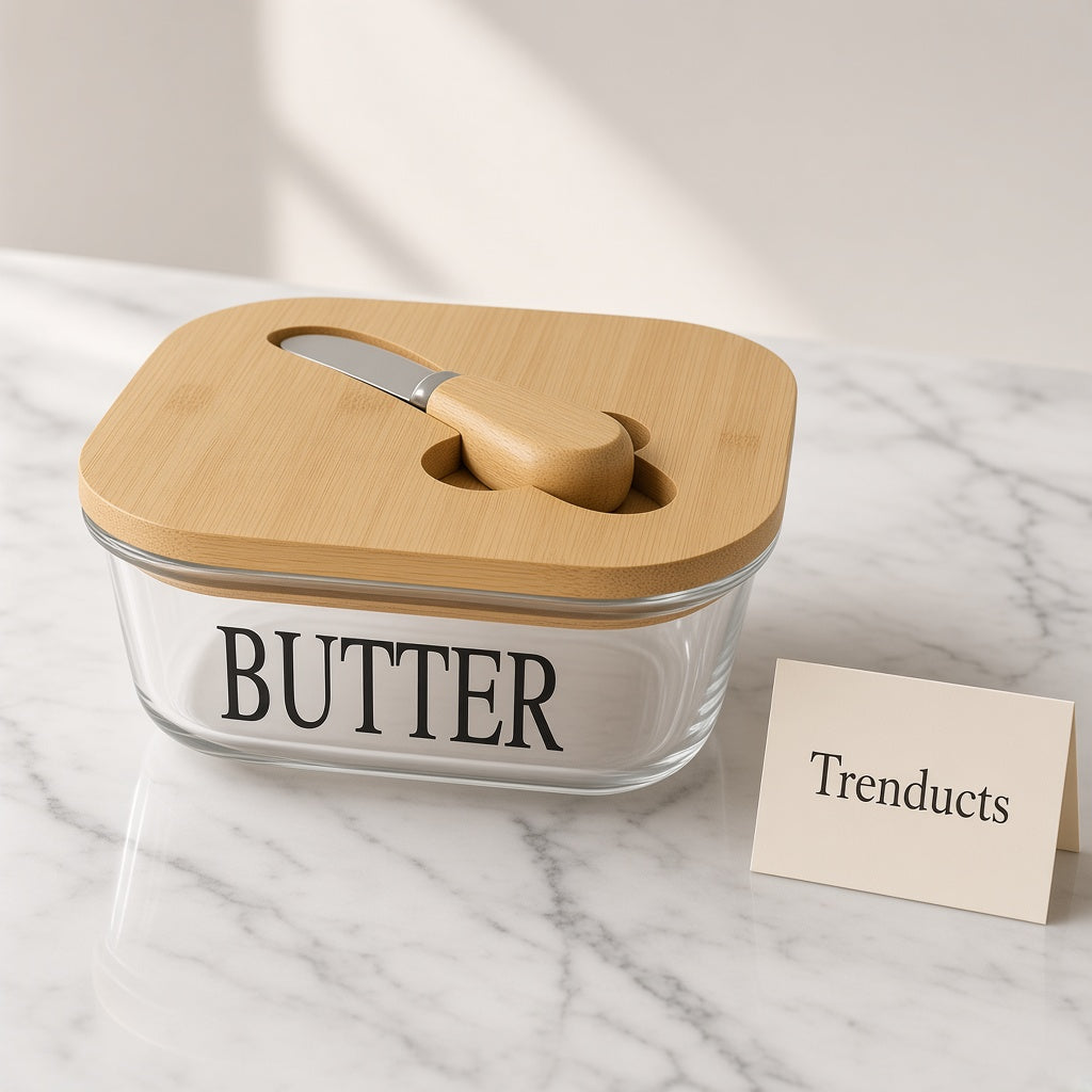 Glass Butter Dish with Bamboo Lid and Butter Knife