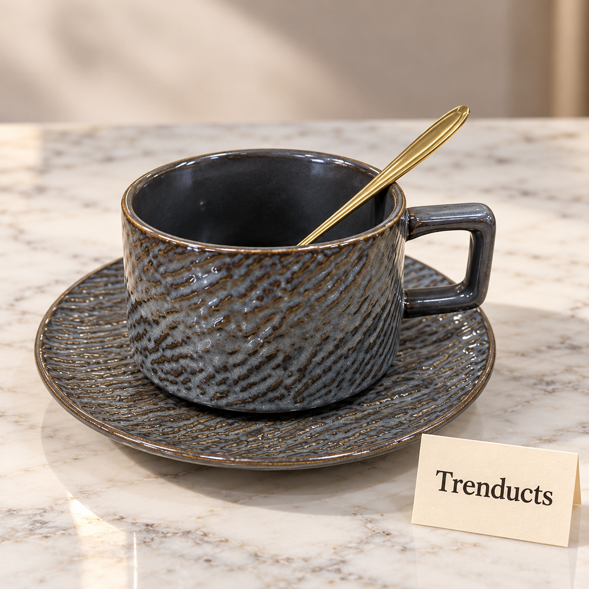 Cup and Saucer Set - Square Handle, Textured Ceramic