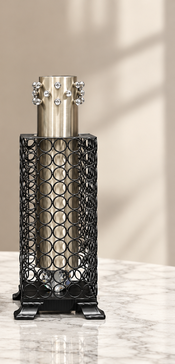 Metal Vase - Black Lattice Mesh with Silver Top