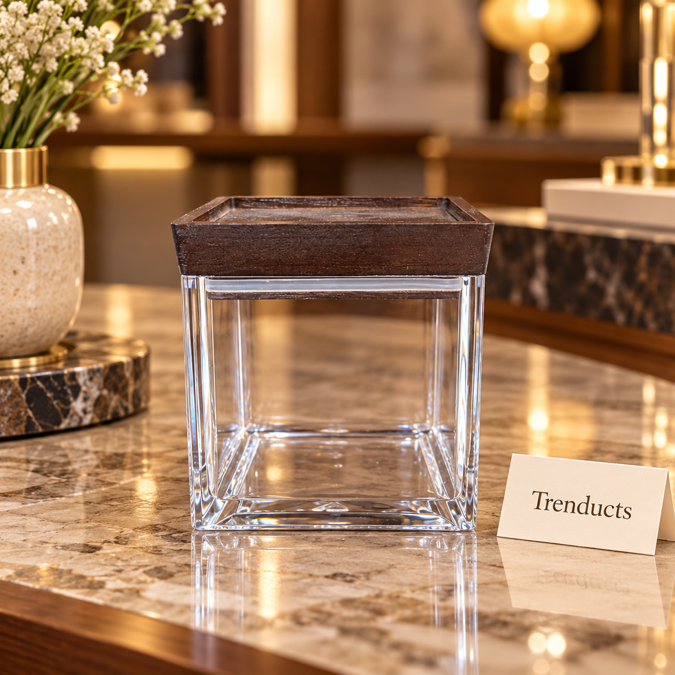 Square Acrylic Canister with Flat Dark Wood-Finish Lid