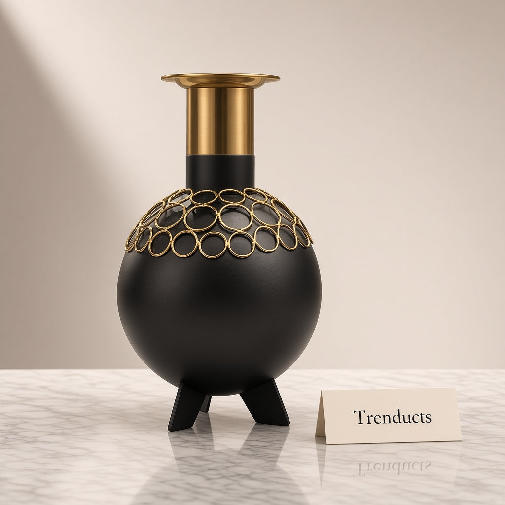 Metal Vase Ball Shape with Gold Neck - Black