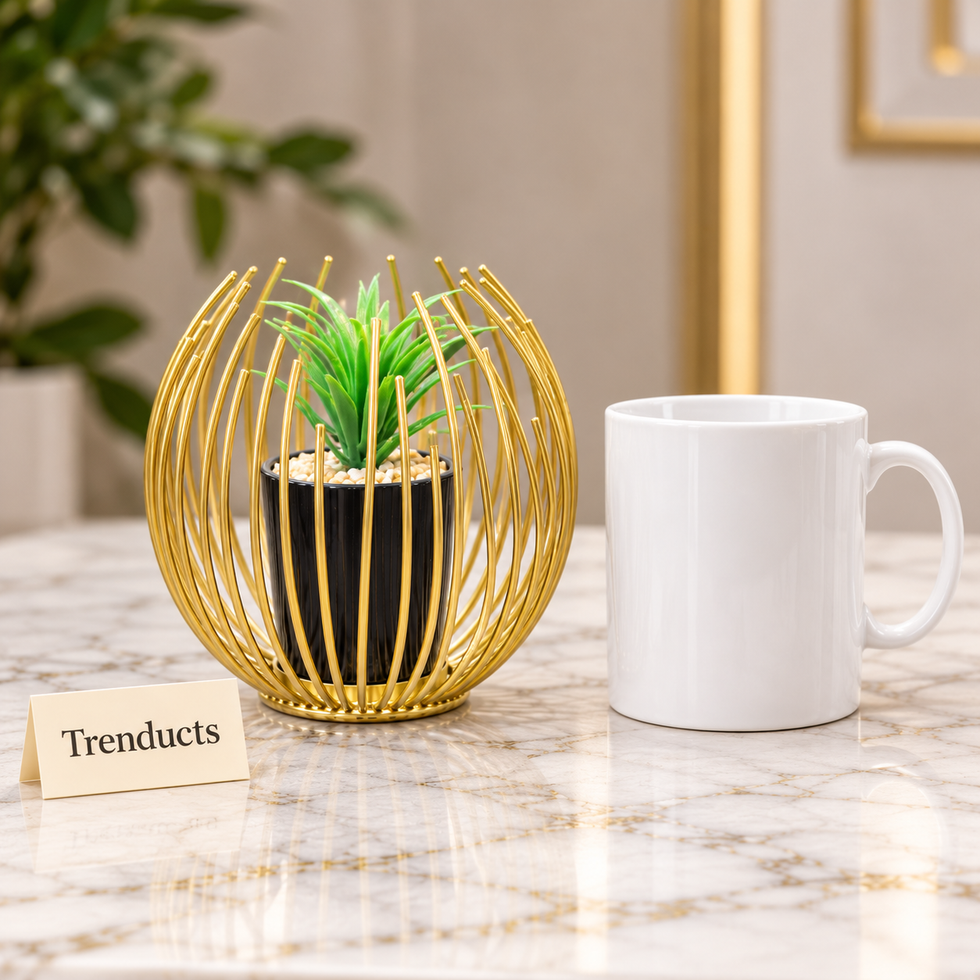 Gold Wire Planter with Black Pot - Spherical Cage Design