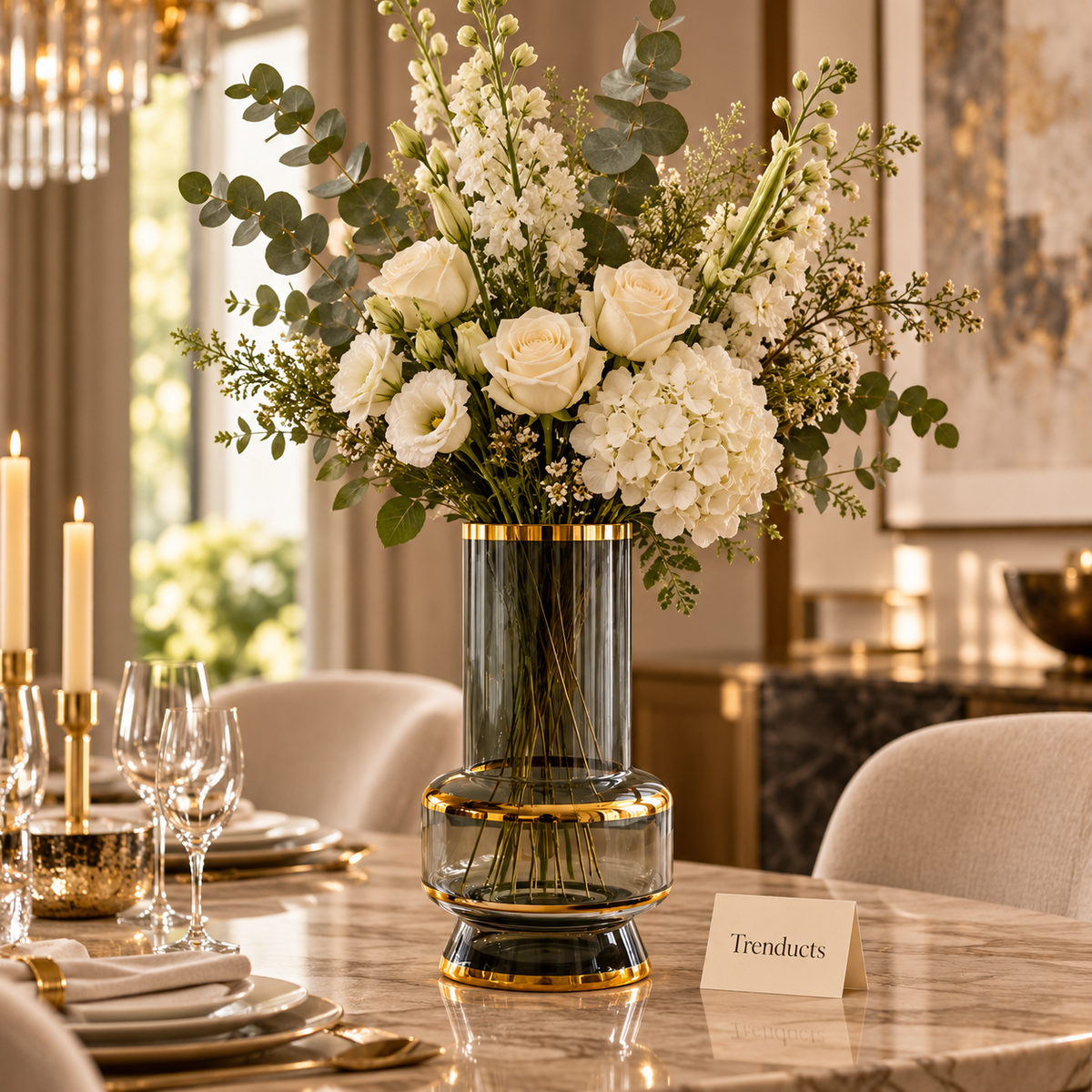 Gold Rim Grey Glass Vase - Pedestal Base