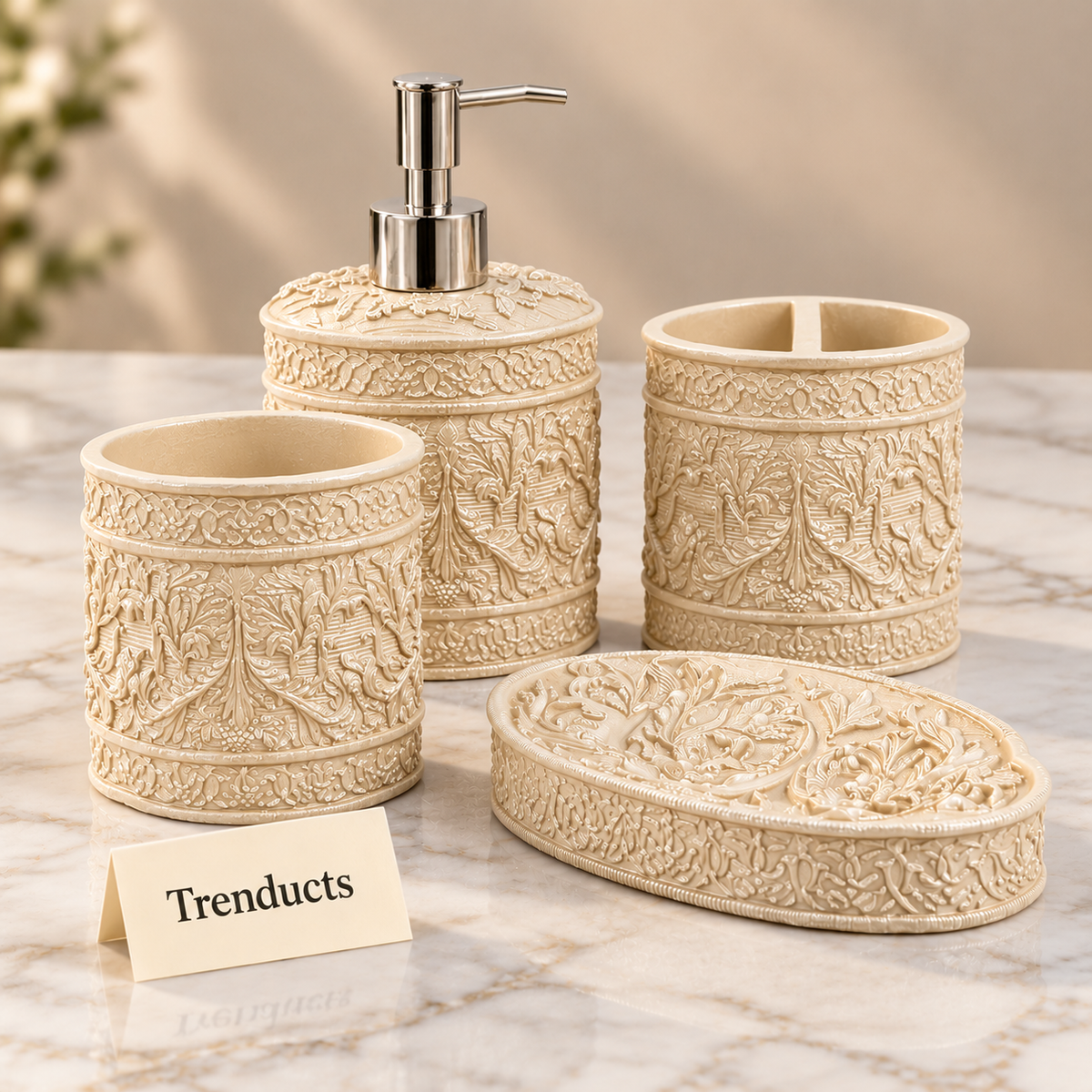 Luxury Bathroom Set - 4-Piece Fiber Ornate Floral Design