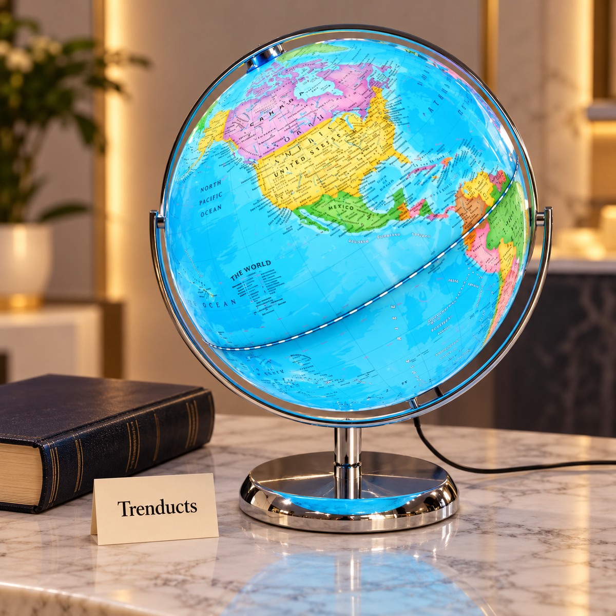 30 cm Illuminated World Globe – Blue Map & Chrome Stand