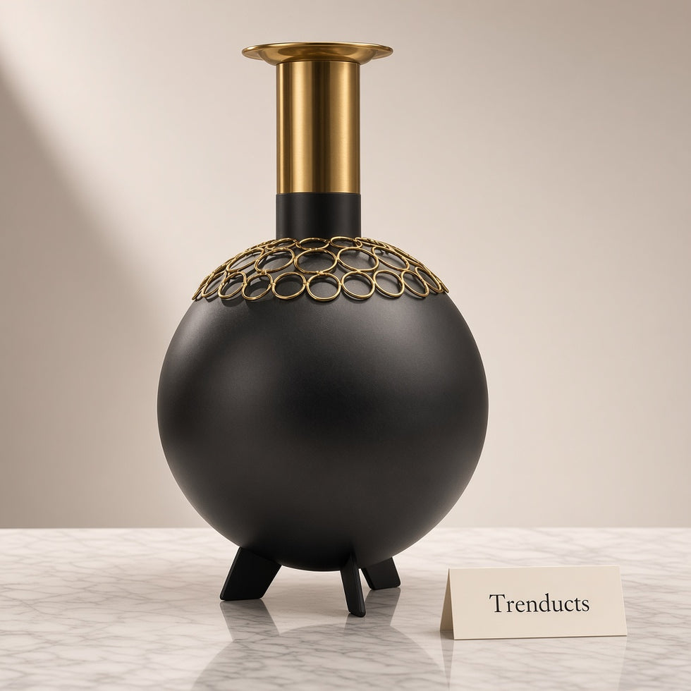 Metal Vase Ball Shape with Gold Neck - Black