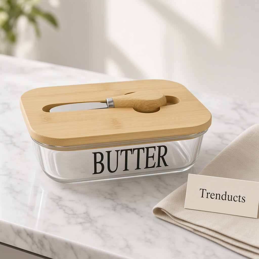 Glass Butter Dish with Bamboo Lid and Butter Knife