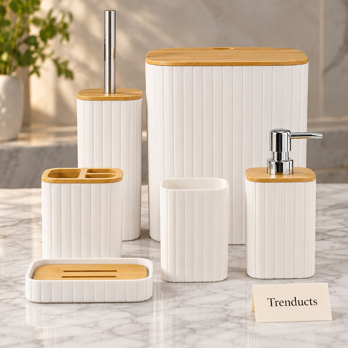 Ribbed Acrylic Bathroom Set - Wood Accents