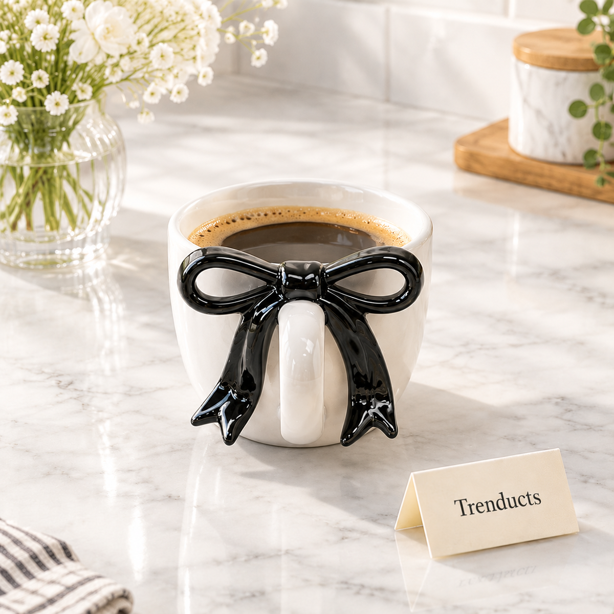 3D Bow Handle Ceramic Mug with Optional Saucer