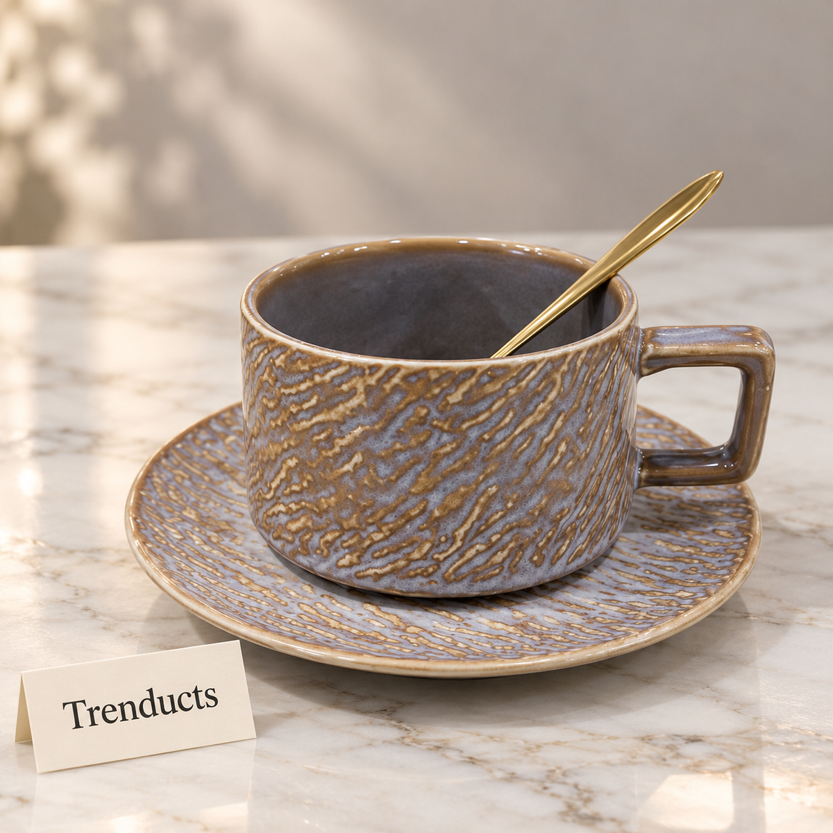 Cup and Saucer Set - Square Handle, Textured Ceramic