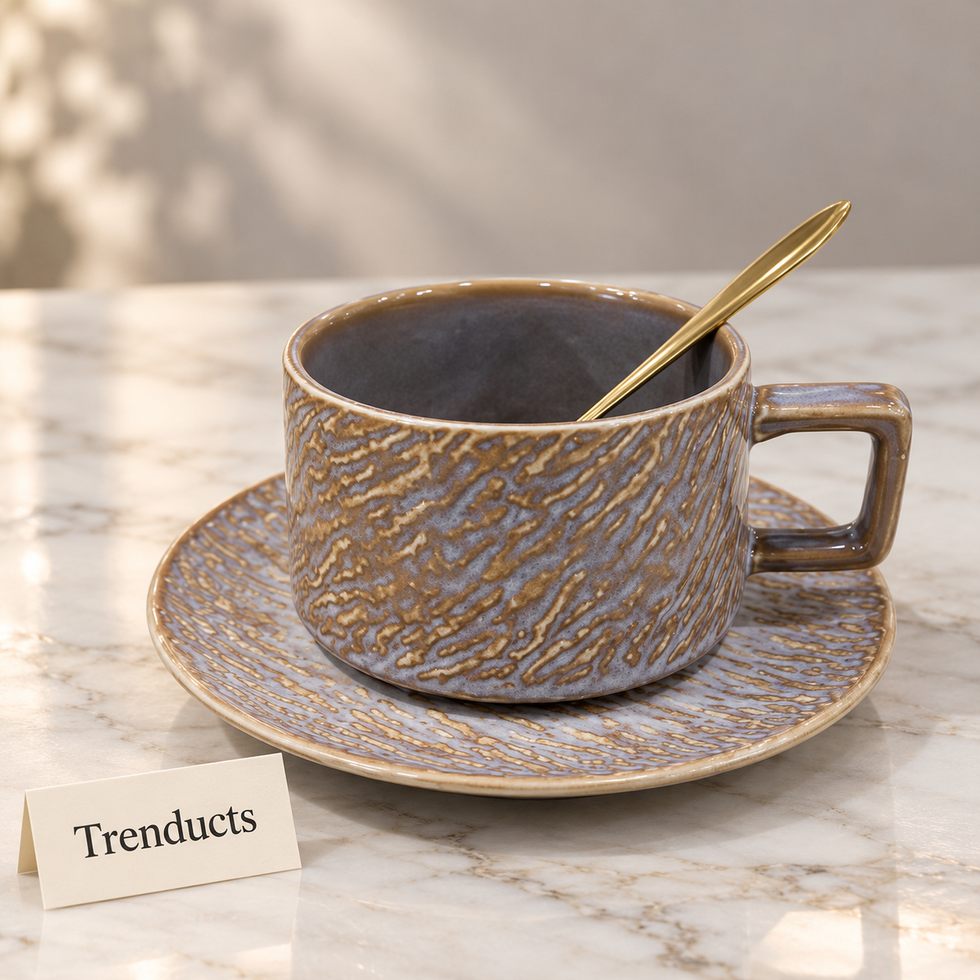 Cup and Saucer Set - Square Handle, Textured Ceramic