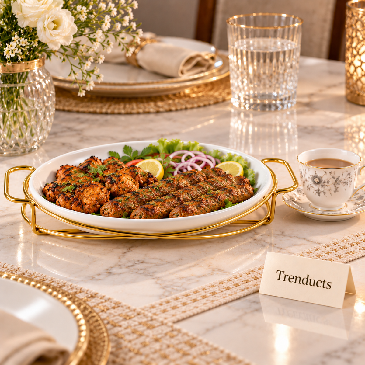 Brilliant Gold Oval Plate with Stand - White Serving Plate
