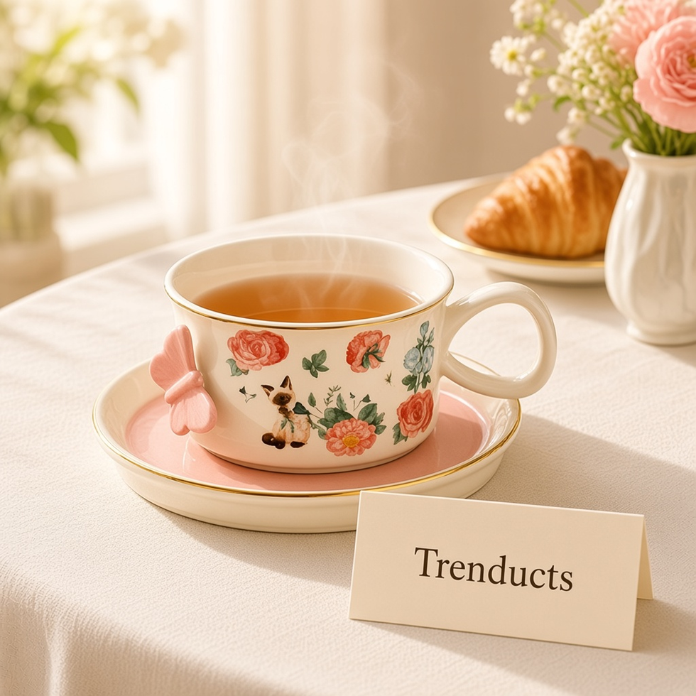 Ceramic Floral Cup and Saucer Set with 3D Butterfly