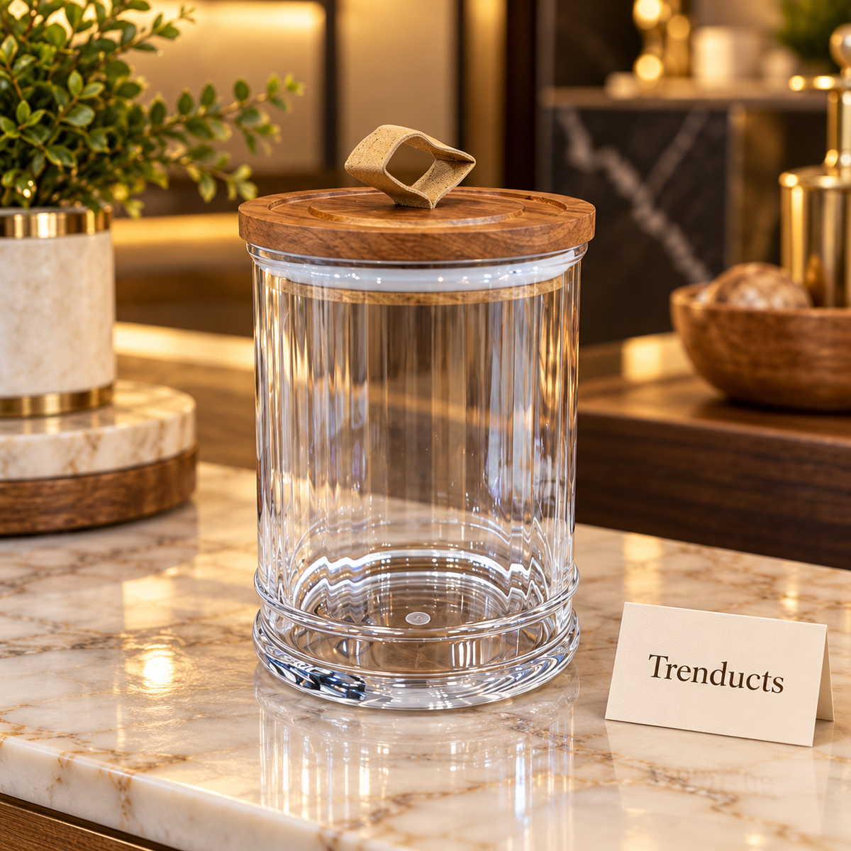 Round Acrylic Jar with Wooden Lid and Leather-Look Loop Handle