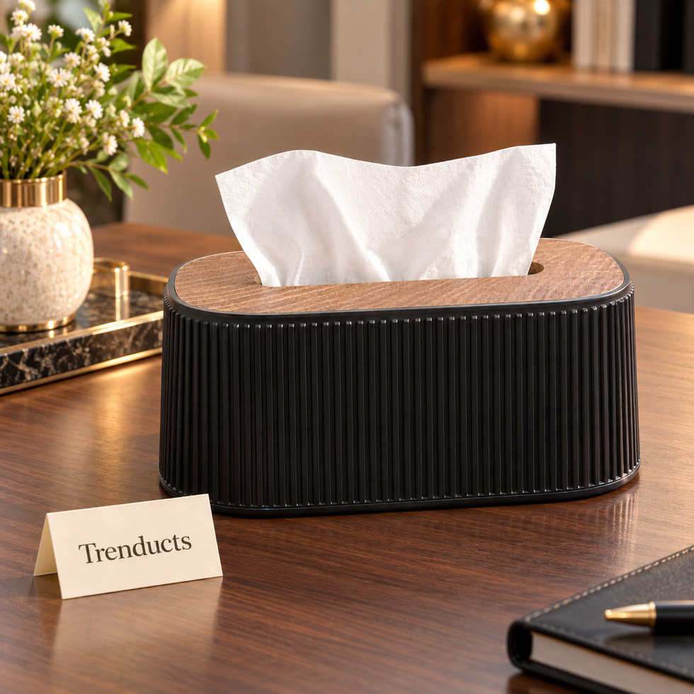 Ribbed Oval Tissue Box Cover - Wood-Look Top