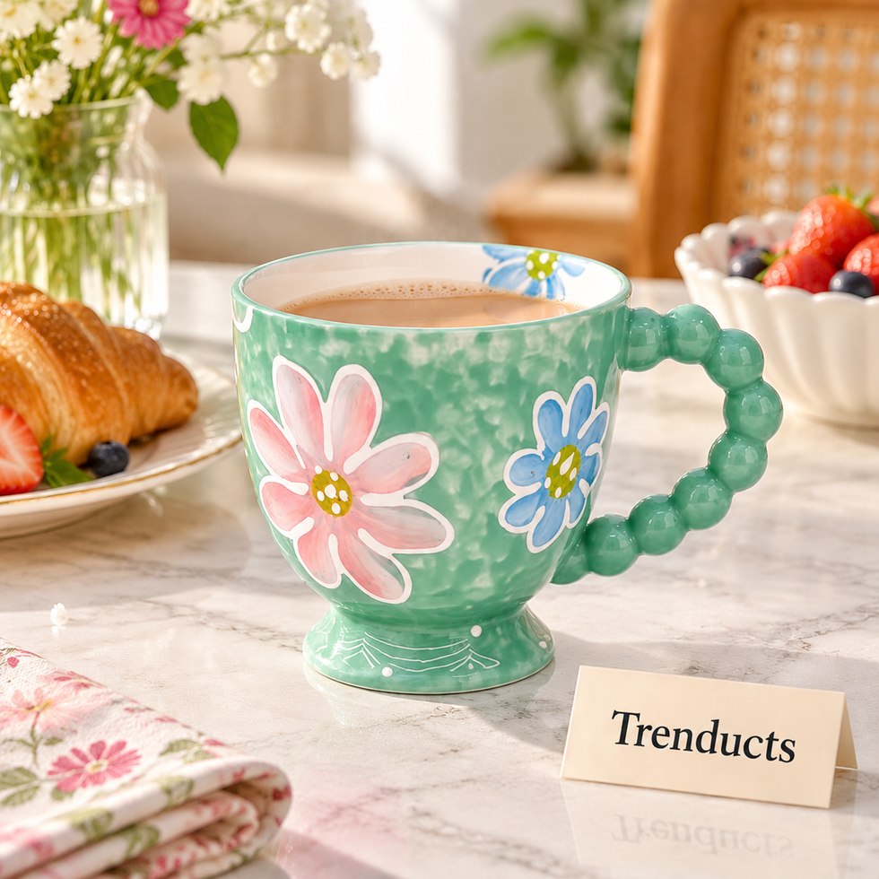Floral Ceramic Mug with Beaded Handle - 5 Designs