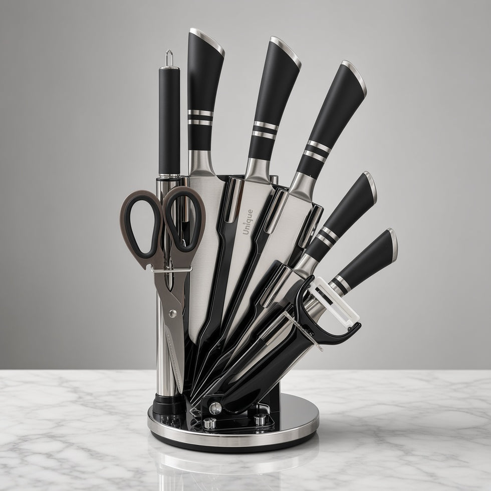 Unique Stainless Steel Knife Set with Rotating Stand