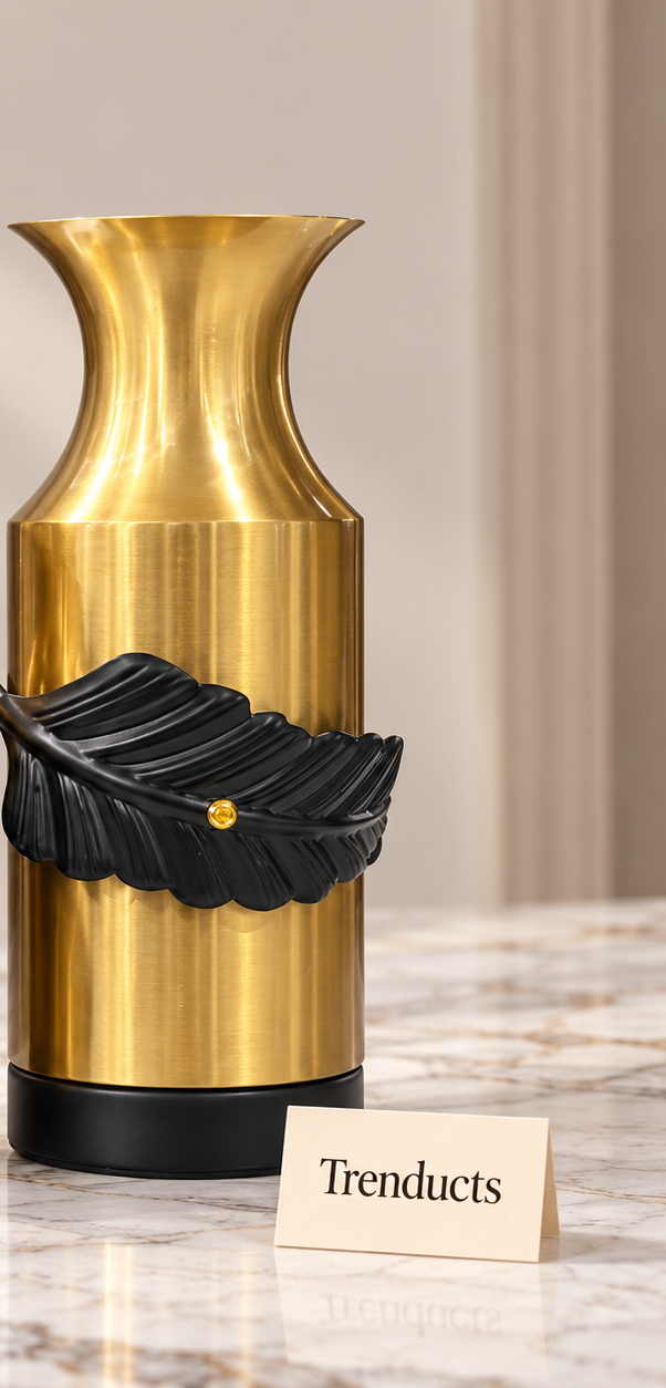 Metal Vase - Brushed Gold Bottle with Black Leaf