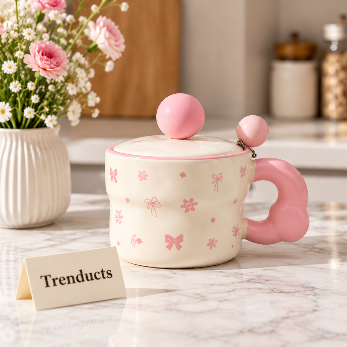 Ceramic Mug with Lid and Ball Knob - Pastel Prints