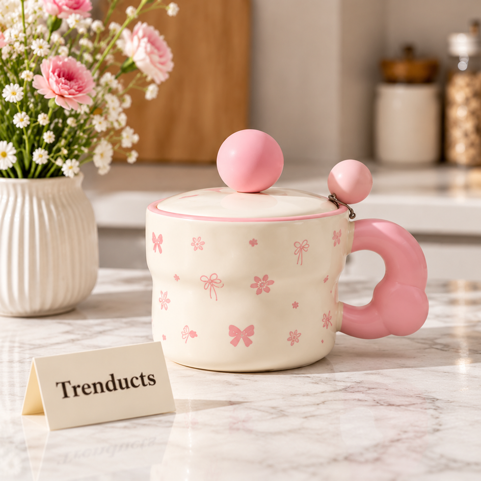 Ceramic Mug with Lid and Ball Knob - Pastel Prints