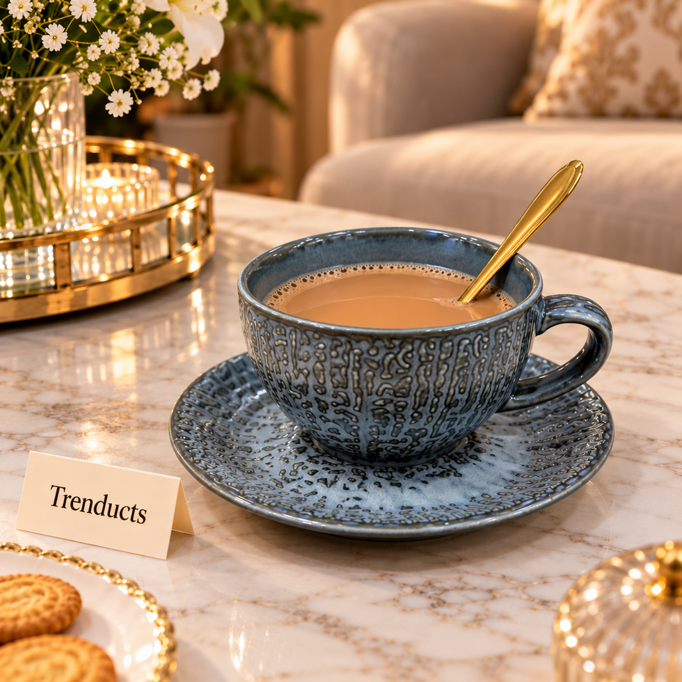 Luxury Cup and Saucer Set - Round Handle, Embossed Ceramic