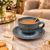 Luxury Cup and Saucer Set - Round Handle, Embossed Ceramic