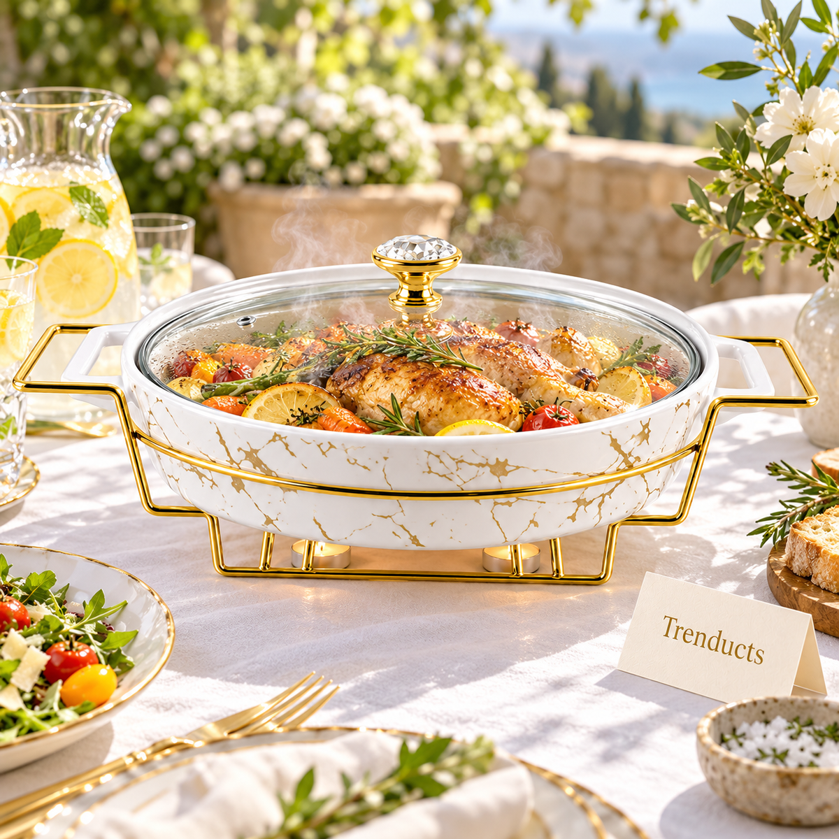 Brilliant Oval Marble Casserole with Gold Stand