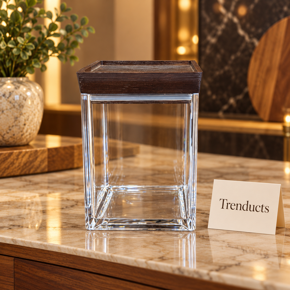 Square Acrylic Canister with Flat Dark Wood-Finish Lid
