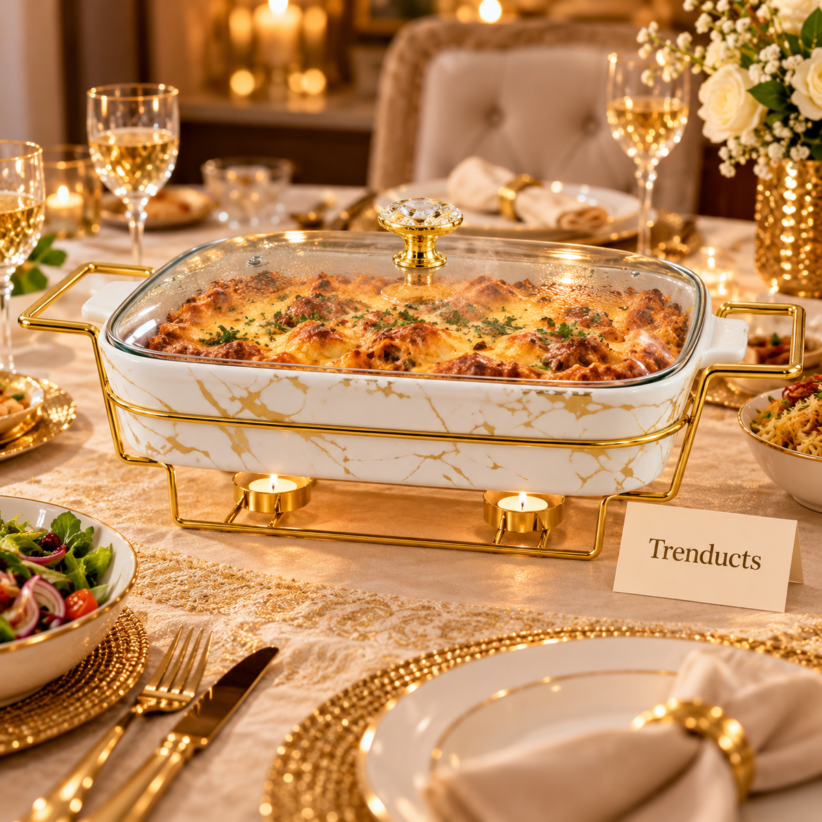 Brilliant Rectangular Marble Casserole with Gold Stand