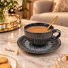 Luxury Cup and Saucer Set - Round Handle, Embossed Ceramic