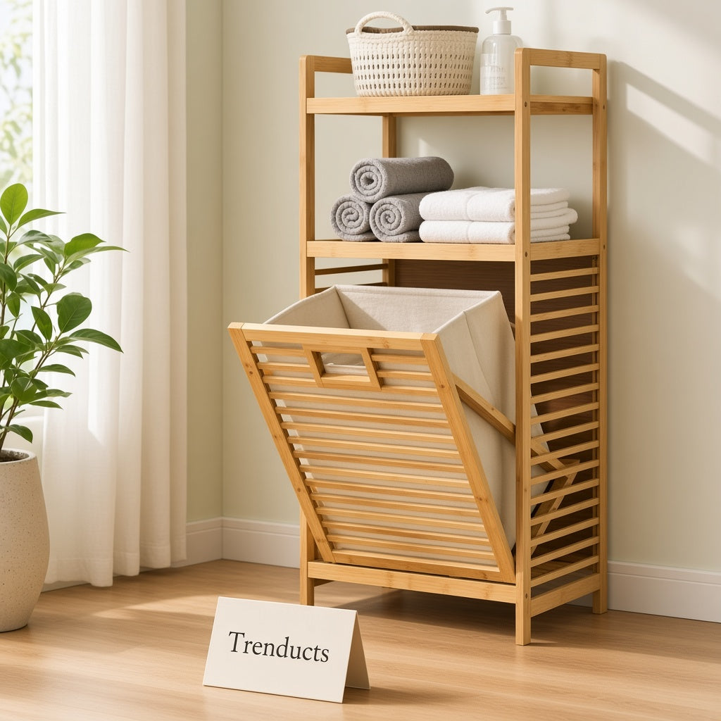 Bamboo Laundry Cabinet with Laundry Basket and Shelves