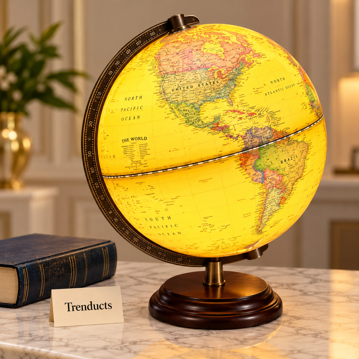 30 cm Illuminated World Globe – Yellow Map & Wooden Stand
