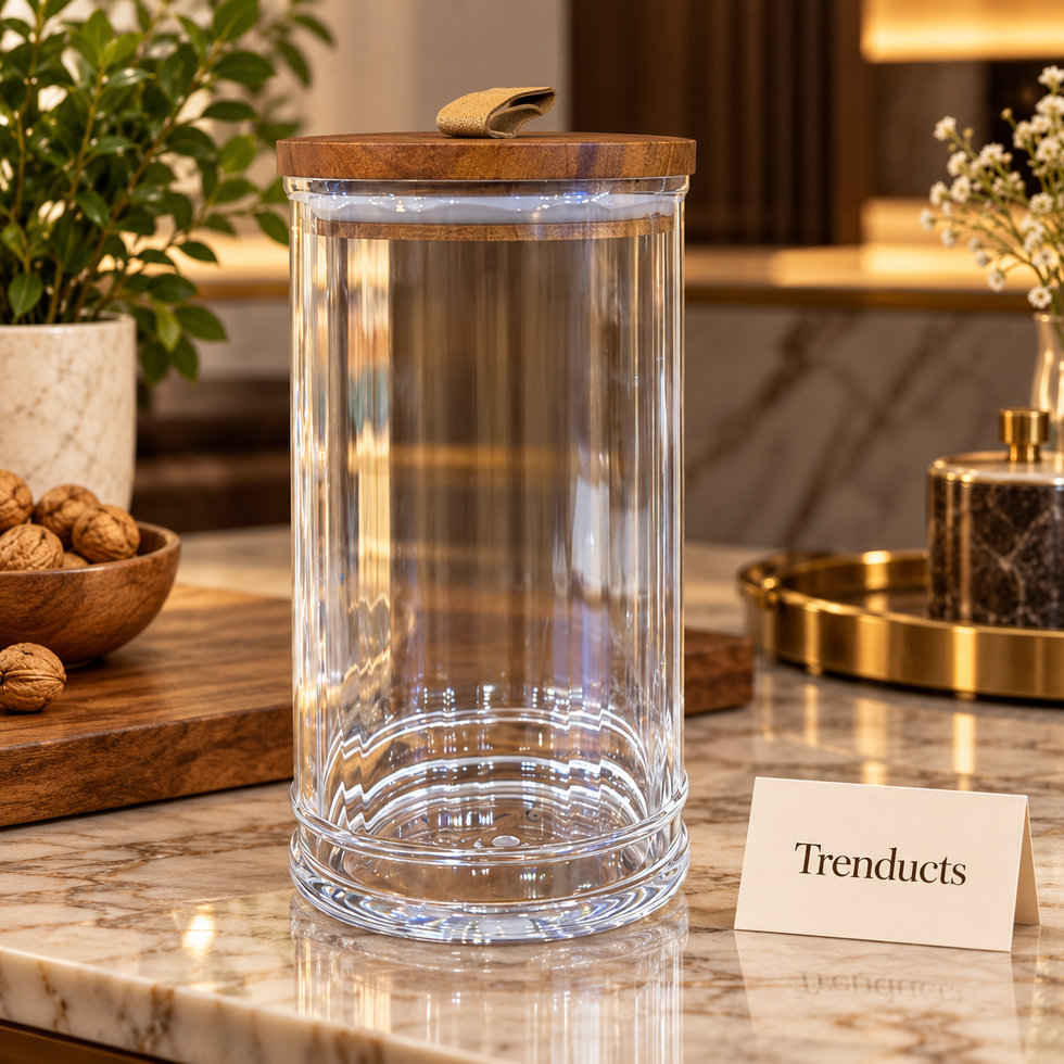 Round Acrylic Jar with Wooden Lid and Leather-Look Loop Handle