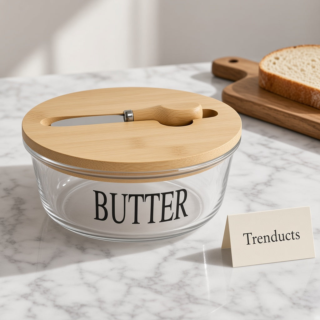 Glass Butter Dish with Bamboo Lid and Butter Knife