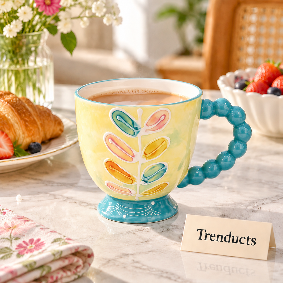 Floral Ceramic Mug with Beaded Handle - 5 Designs