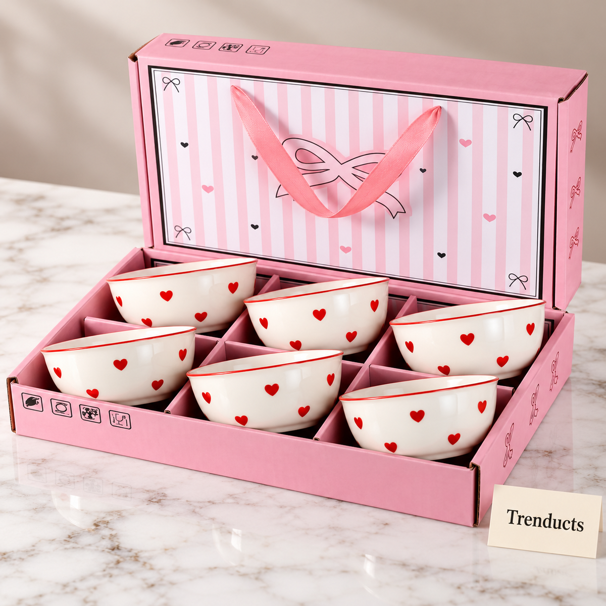 Heart and Bow Bowl Gift Set of 6 - Pink Box