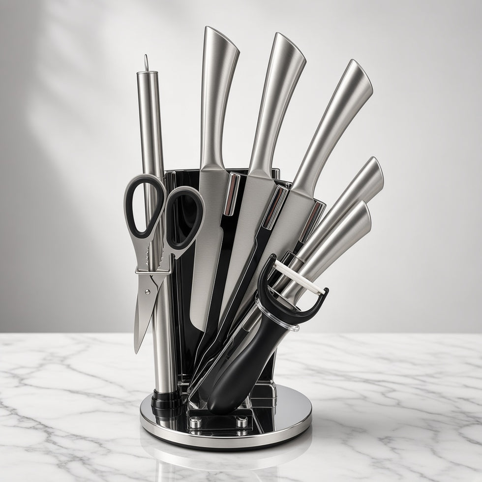 Unique Stainless Steel Knife Set with Rotating Stand
